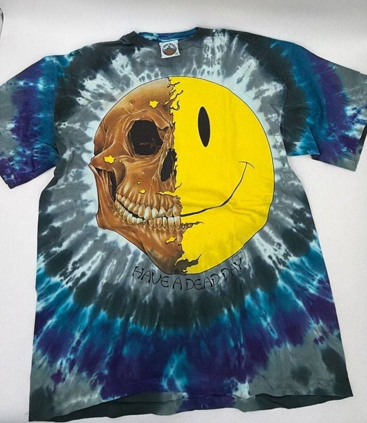 Vintage 1995 Eye Dye Have A Dead Day Skull Smiley Face Tie-Dye T-Shirt Xl